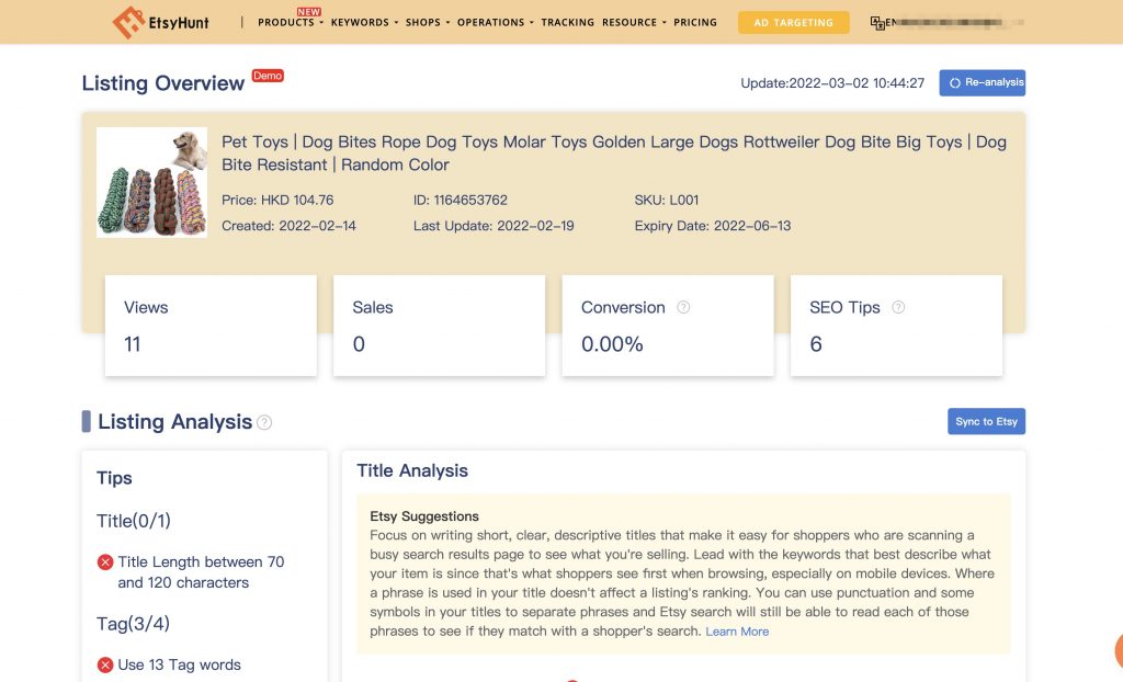 Etsyhunt - listing analysis and optimization
